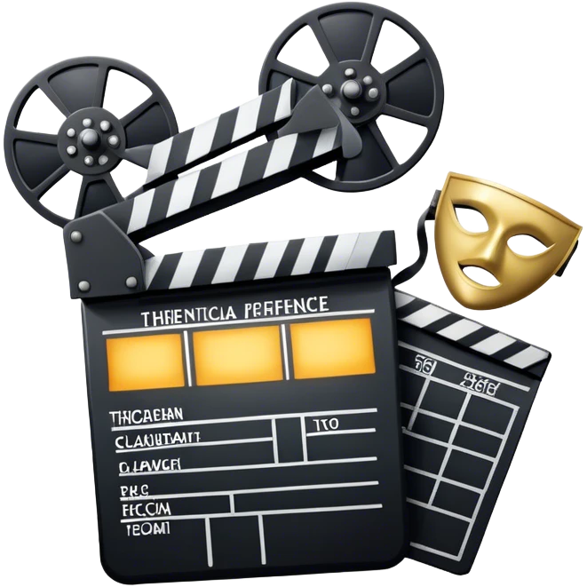 Icon for Acting in Theater and Movie: a stage with a spotlight and cinema, a film camera, a clapperboard and a dramatic mask. The design should represent both theatrical performance and cinematic art. Transparent background. emoji