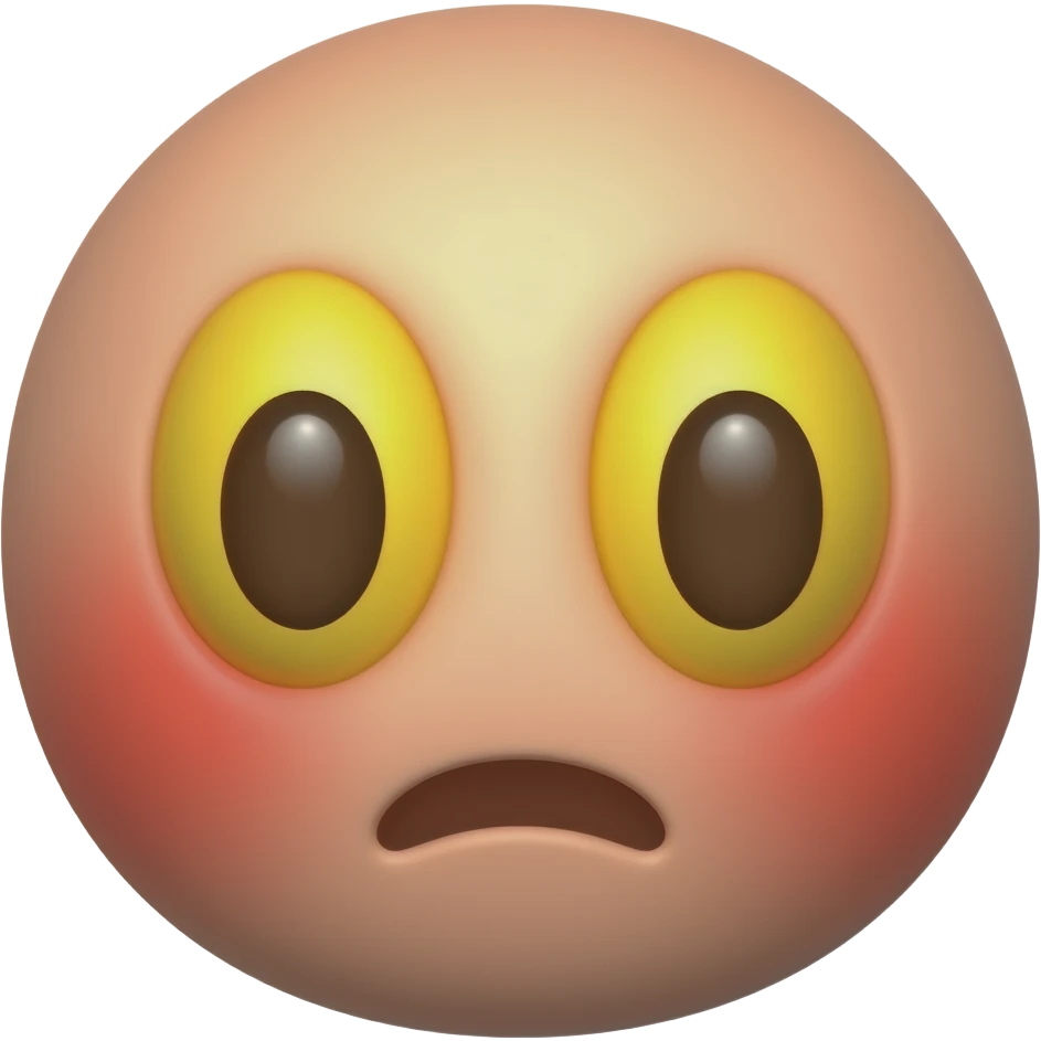 새빨간 얼굴의 홍조를 하고 있는. 노란 눈알  갈색 동공.   귀여운 만화 입체적 이모티콘 emoji