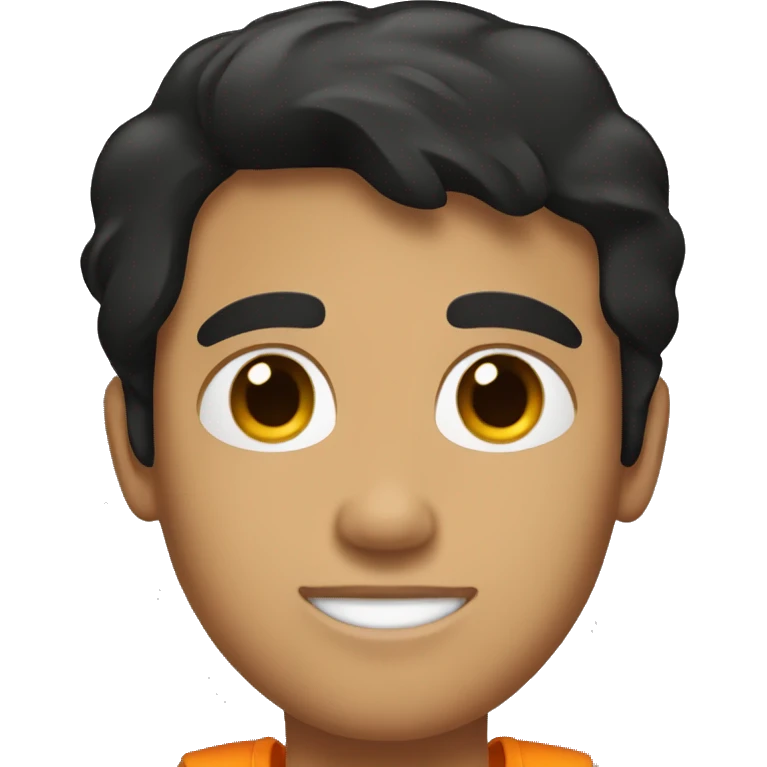 Wearing orange and black shorts, with black hair and brown eyes. emoji