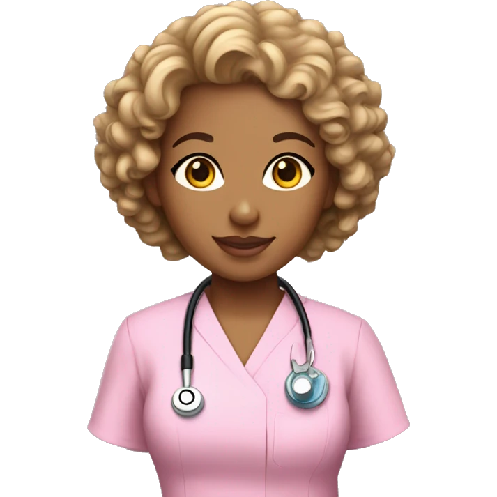 Light skin nurse with curly hair in pink scrubs emoji