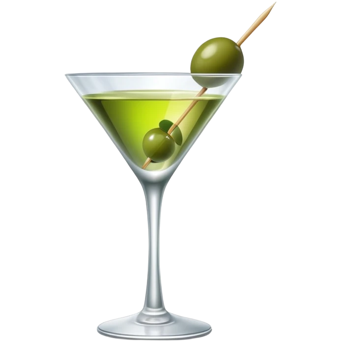 martini glass with completely colorless transparent liquid like pure water, with a green olive at the bottom skewered by a toothpick emoji