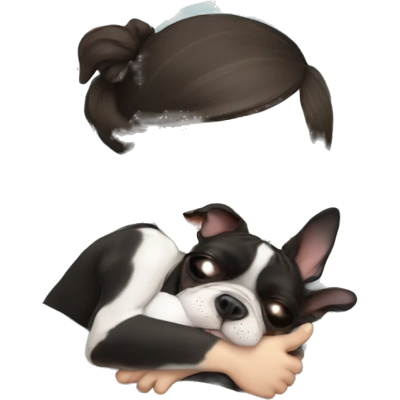 Boston terrier dog cuddling girl sleeping emoji