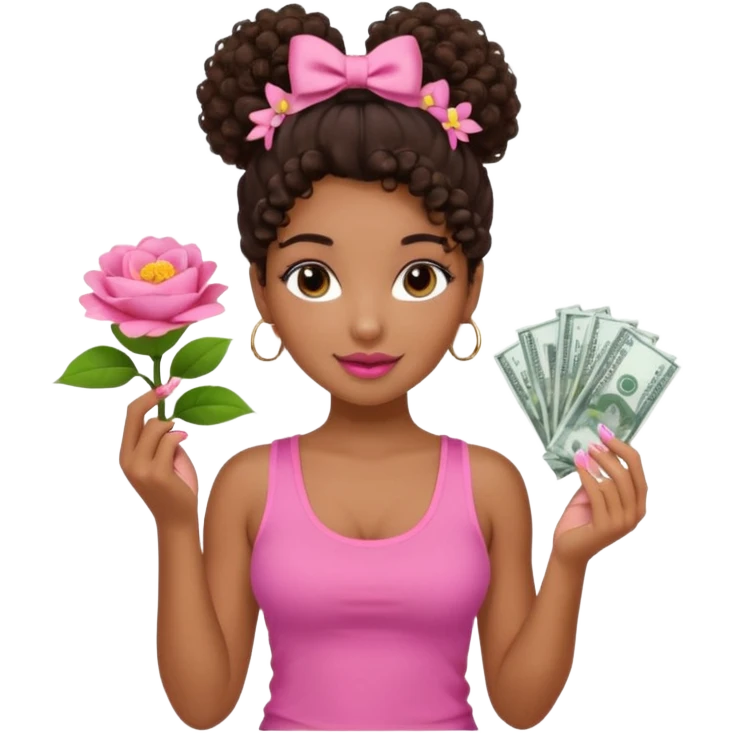 Uma menina com o cabelo cacheado com um Coque com baby hair, morena, e com uma regata rosa com um gloss na frente da regata ,com unha em gel,e com dinheiro na mão ,e com flores na outra mão,  emoji