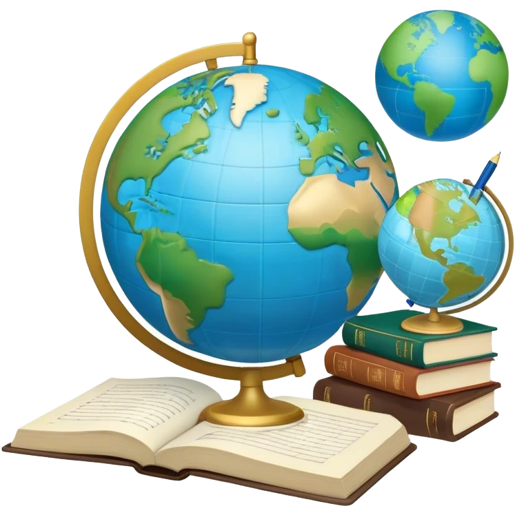 Create an emoji representing language translation. The design should feature a single globe in the background, symbolizing international communication. In front of the globe, place two opened books, with texts in it and a pen nearby to indicate the act of writing and vocabulary. Use a clean and professional color palette with blues, greens, and neutral tones. Do not include any emojis or smiley faces. Make the background transparent emoji