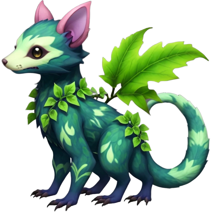 Realistic Sharp swampy mossy elemental ivy floral detailed Colorful translucent luminescent glowing Trico-Noibat-batty-Sergal-Furret-Ferret-Wolverine-Vernid-furry-fursona-fusion-Fakemon-animal-hybrid-creature, full body emoji