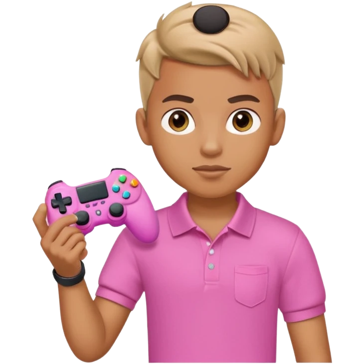 generate a pretty tan bratz boy with a pink polo. Holding a gaming controller in hand emoji