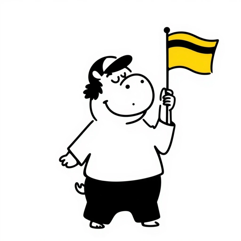 hippo holding a yellow flag wearing a baseball cap emoji