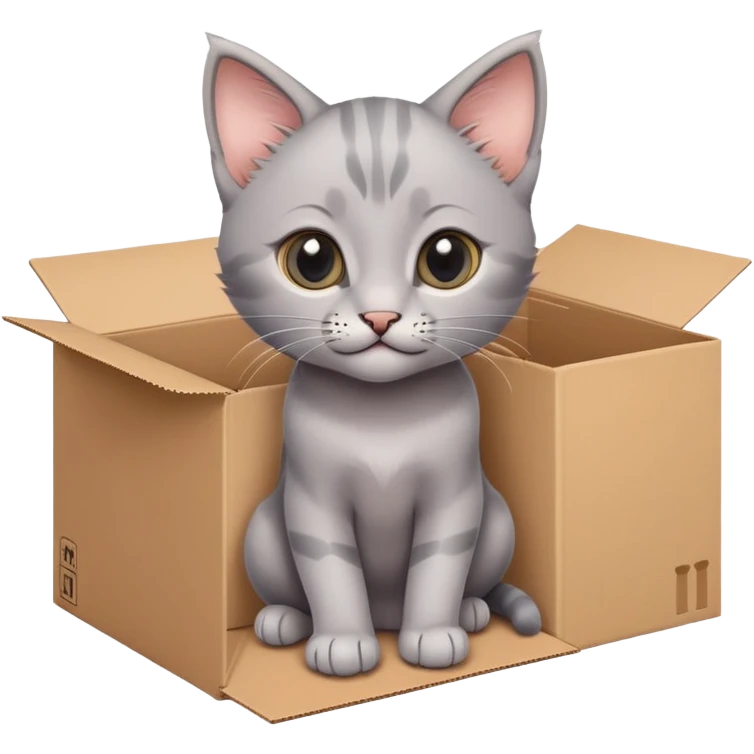  A very cute gery young kitten cat with one's head tilted to one side poked its paws out of the cardboard big box and placed them on top of it emoji