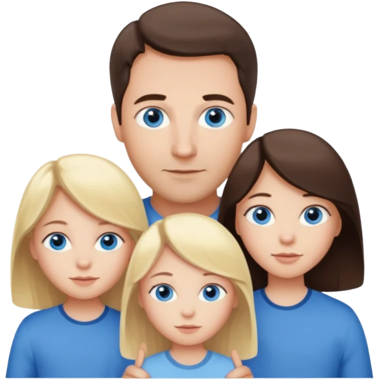 Family portrait with father with dark brown hair and blue eyes, mother with light brown hair and blue eyes, three blonde little girls with blue eyes emoji
