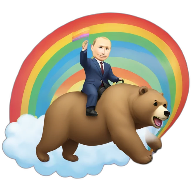 Vladimir putin with pride flag riding a rainbow on a bear emoji