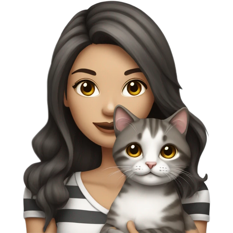 Beautiful dark brown haired tattooed woman holding gray and white striped long hair cat emoji