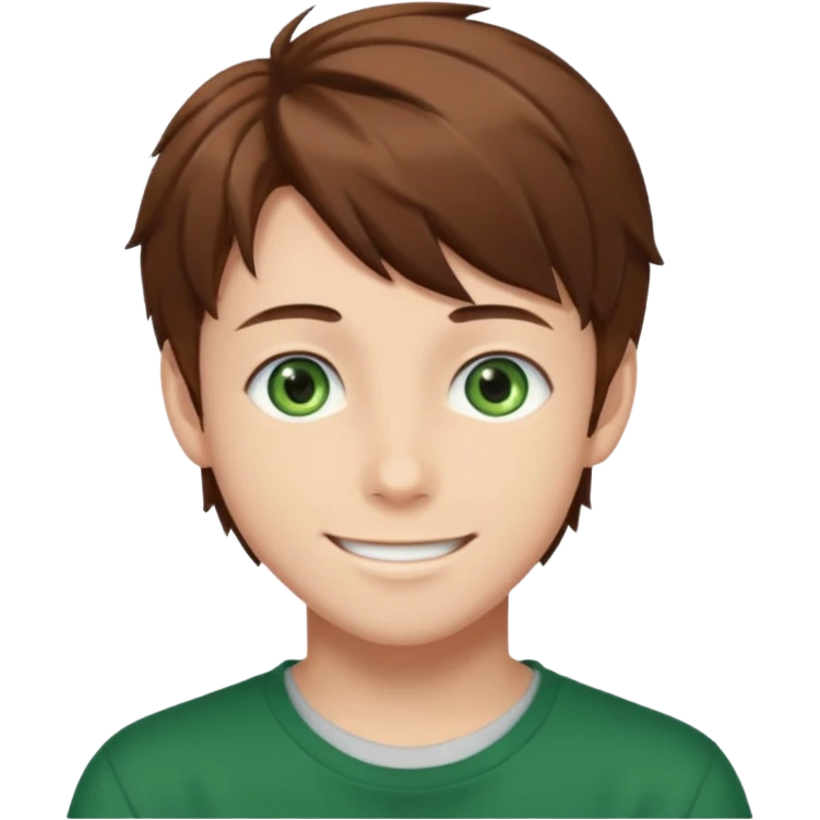 the face of an Anime teen boy with brown hair, green eyes, looking smiling slightly sideways positioned. Face must be main filling of the emoji.  128px emoji