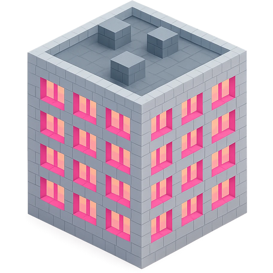 Russian panel apartment building, compact square block, light gray, pink glowing windows, isometric view emoji