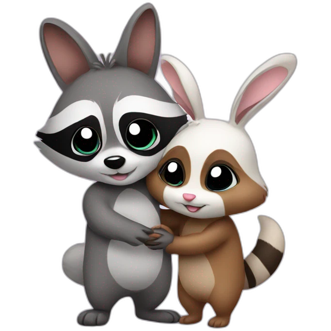 Raccoon couple hug with bunny emoji