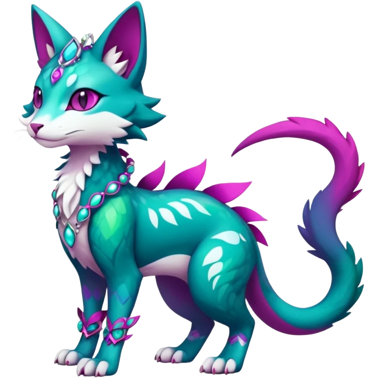 Kawaii cute colorful iridescent deep-dark-turquoise-green and magenta and white beautiful pretty elegant divine edgy feline-vernid-sergal-Fakémon-Pokémon-fursona-animal-creature with accessories, full body, with intricate detailed markings emoji