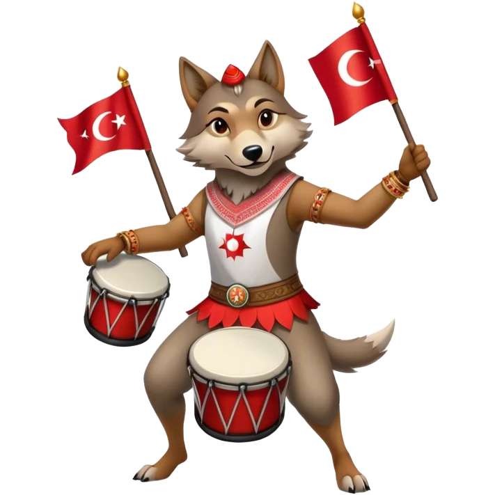   A turkish wolf, dressed as a Ramadan drummer, dances halay with a Turan and a Turkish flag in her hand. emoji
