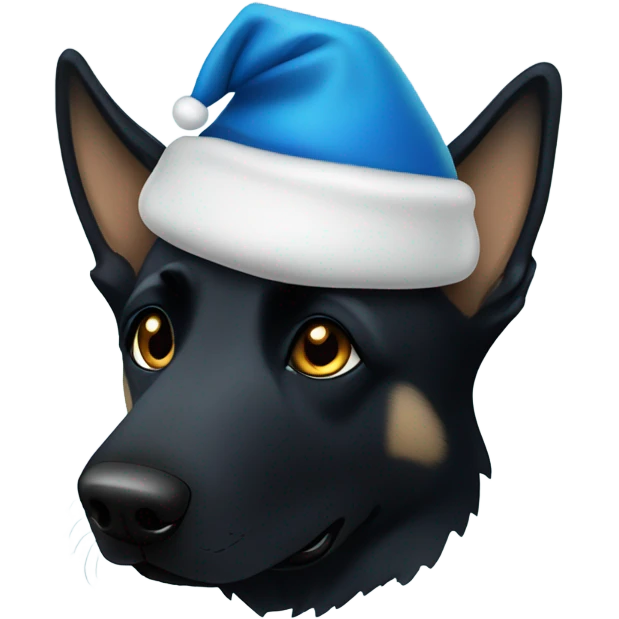 All black German shepherd with blue Santa hat emoji
