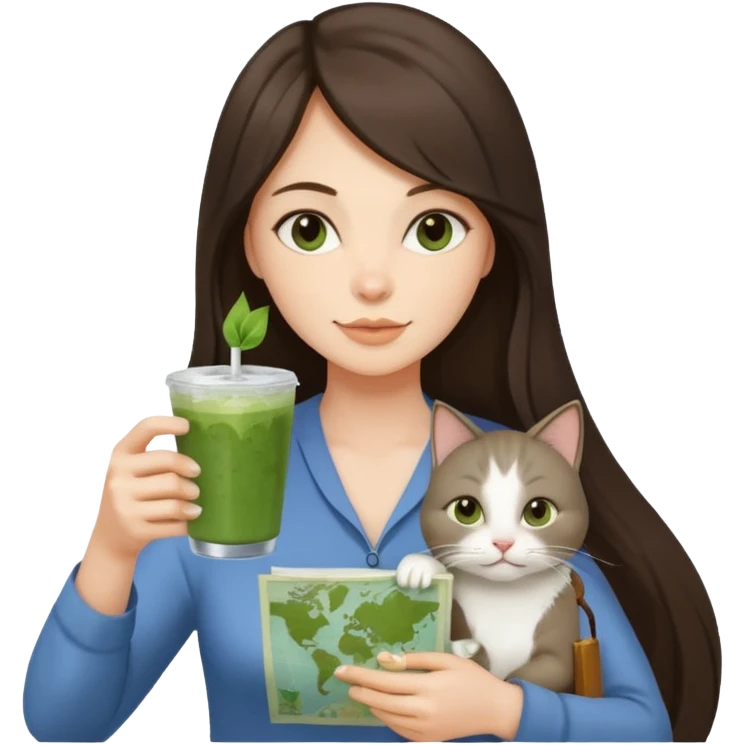 a brunette woman with long hair in here 30S drinking an iced matcha, carrying a grey cat and a map of the world emoji
