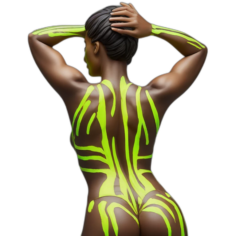 Hyper-realistic neon figurine showing tall sultry fitness model in striped body paint from behind emoji