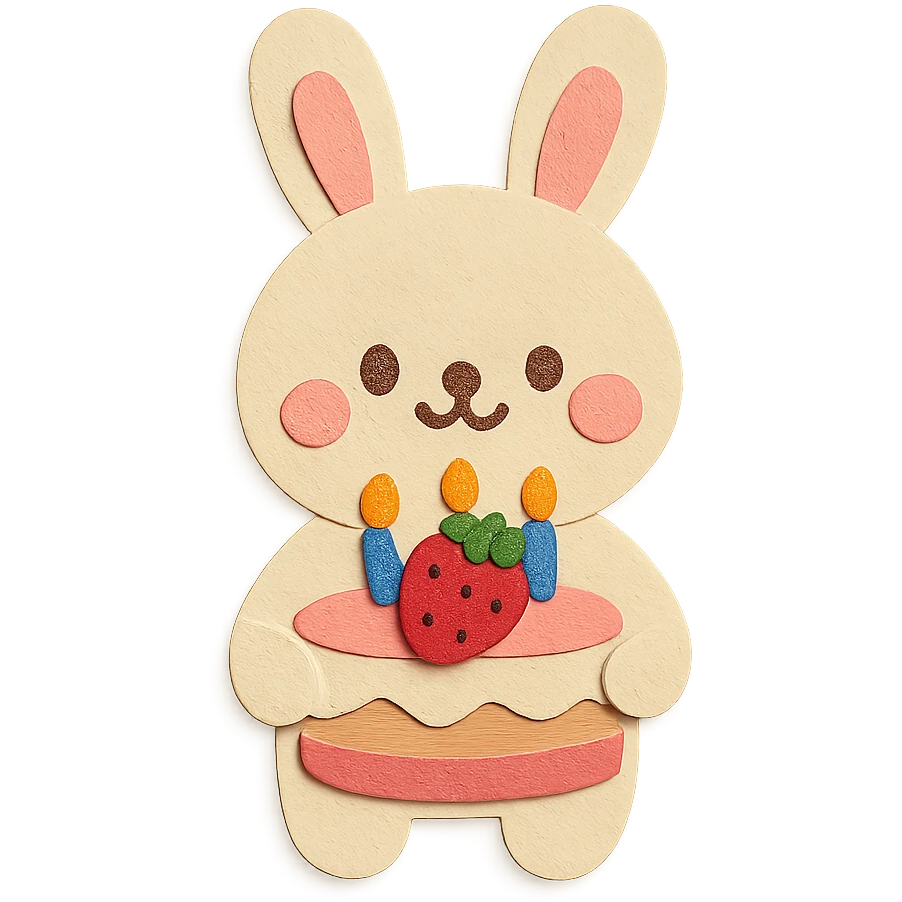cute bunny holding a big strawberry birthday cake with candles emoji