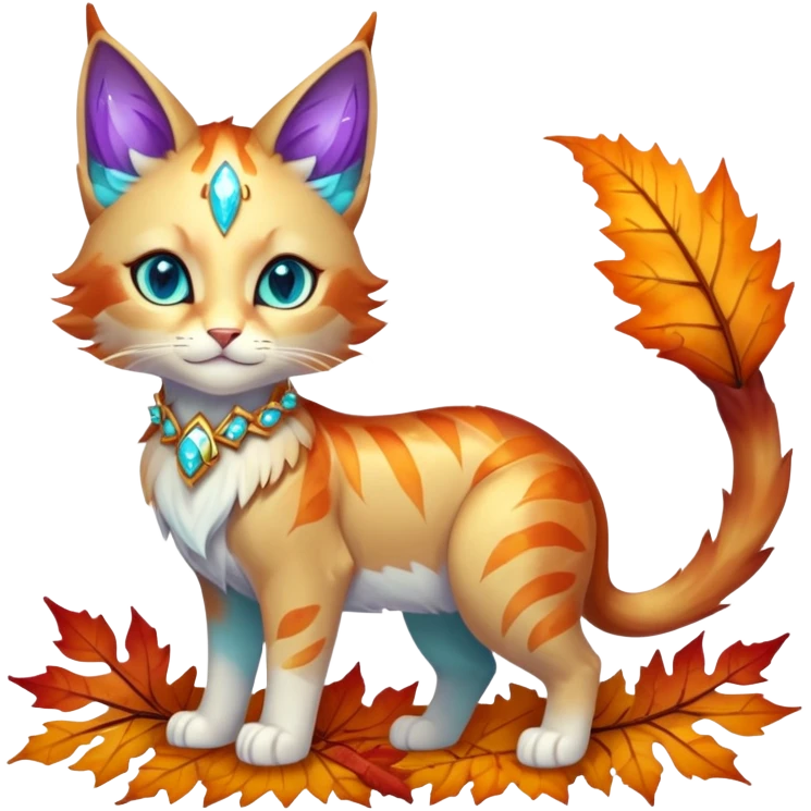This fascinating hybrid creature combines the crystalline structure of a feline with the warm autumn foliage of a leaf being. Its core body maintains the sleek shape of a cat but is composed of translucent crystals that shift between turquoise blue and amber-orange hues. The creature's face features a blend of feline features with the gentle expression of the leaf being – sharp crystalline ears frame a round, friendly face with glowing purple-amber eyes. Most striking is how autumn leaves emerge from its crystalline body, forming a mane-like collar around its neck and sprouting along its spine and tail. These leaves shimmer with both crystalline properties and natural autumn colors – orange, gold, and deep red – with visible veining that occasionally pulses with energy. When the creature moves, the leaves rustle softly while the crystal body catches light, creating a mesmerizing display of nature and gemstone elements. full body emoji