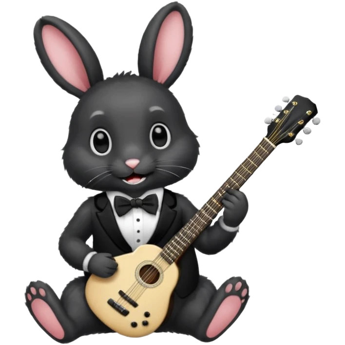 A black rabbit with white teeth and white eyes with a black bowtie holding a black guitar emoji