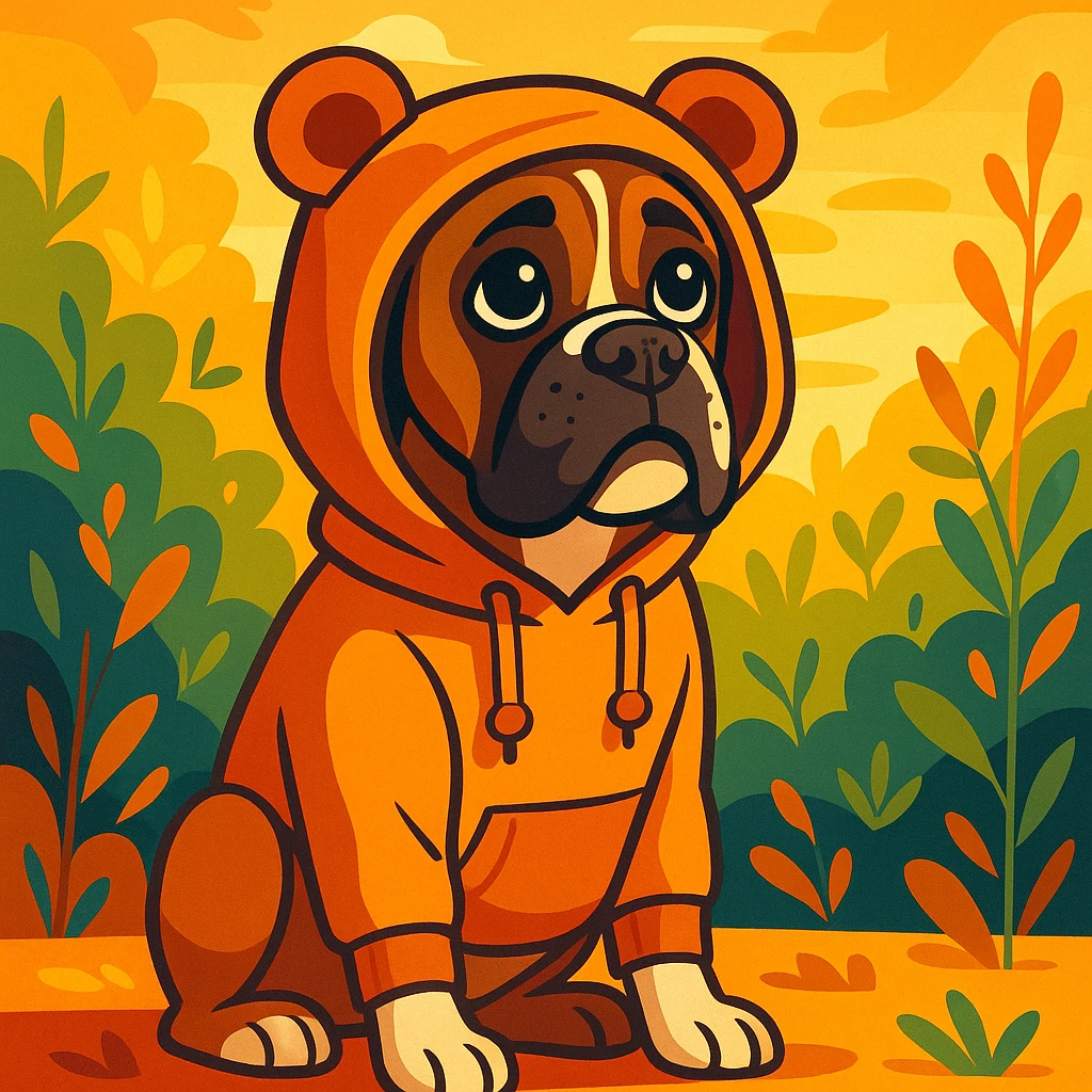 perro bóxer sentado, mirada tierna, buzo con capucha de orejas de osito marrón, iluminación golden hour, entorno natural con follaje, vibrant toon style emoji