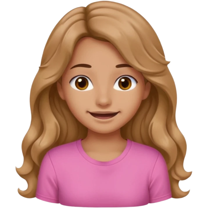A pretty girl with tan skin and long wavy hair, wearing a pink basic shirt with brown eyes and a closed mouth smile emoji