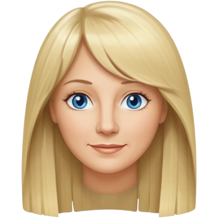 45 yr old white woman, curtain bangs, very long straight blond hair, oval face, small smile, blue eyes, thin face, hair down to elbows emoji