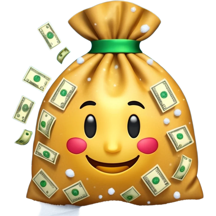 3D emoji style, money bag with dollar bills, New Year theme, snow particles, festive lighting, rich vibe, high detail, transparent background

 emoji