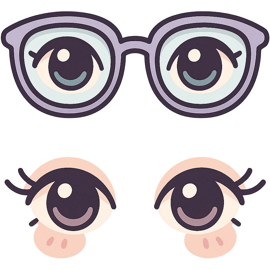 Depict two pairs of almond-shaped eyes with eyelashes on one canvas: one pair wearing glasses, the other without glasses. Maintain the icon-color-outlined style with a vector look featuring shadows and highlights, detailed hatching, thin clean contours, soft rounded features, and a pastel palette (#98B5BC, #B5B3C1, #C9A3C9, #E4C0CA, #F7DCD1, #F7C0AA). The style should evoke Japanese pop art, sticker appearance, with a transparent background. emoji