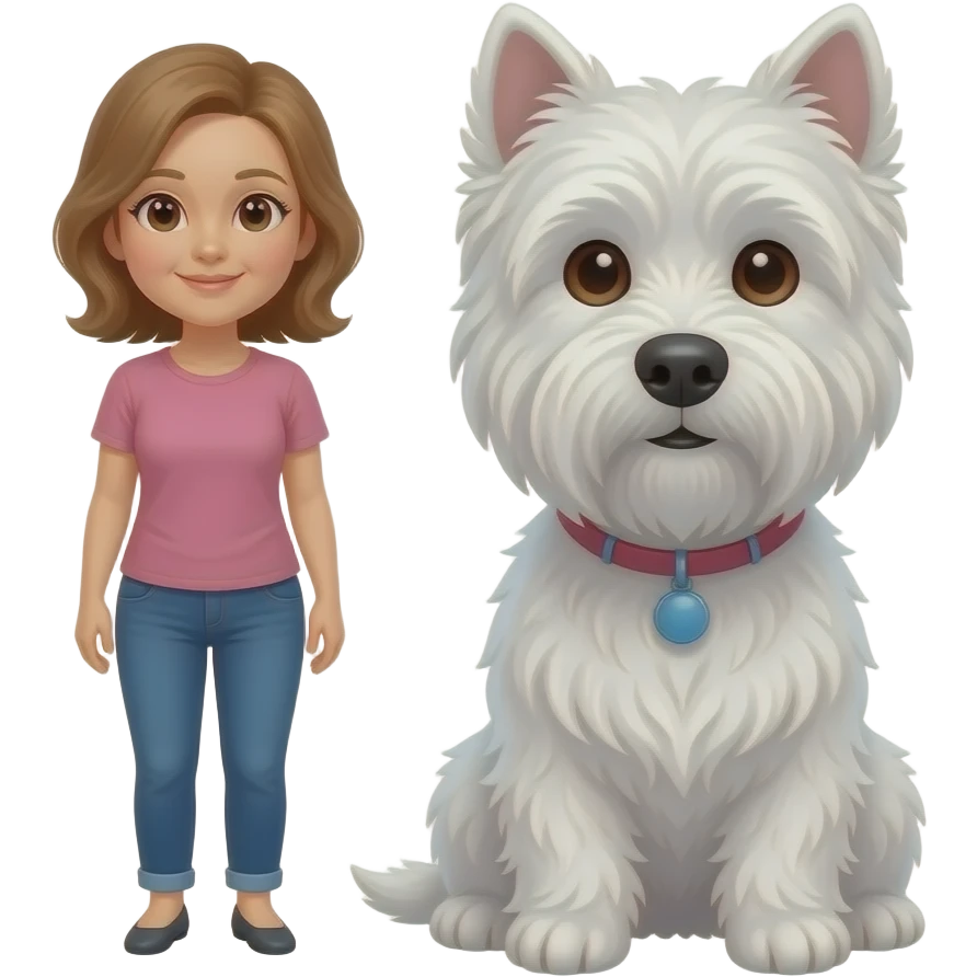 Middle age woman brown eyes , shoulder length light brown hair, with a female westie and a male westie emoji