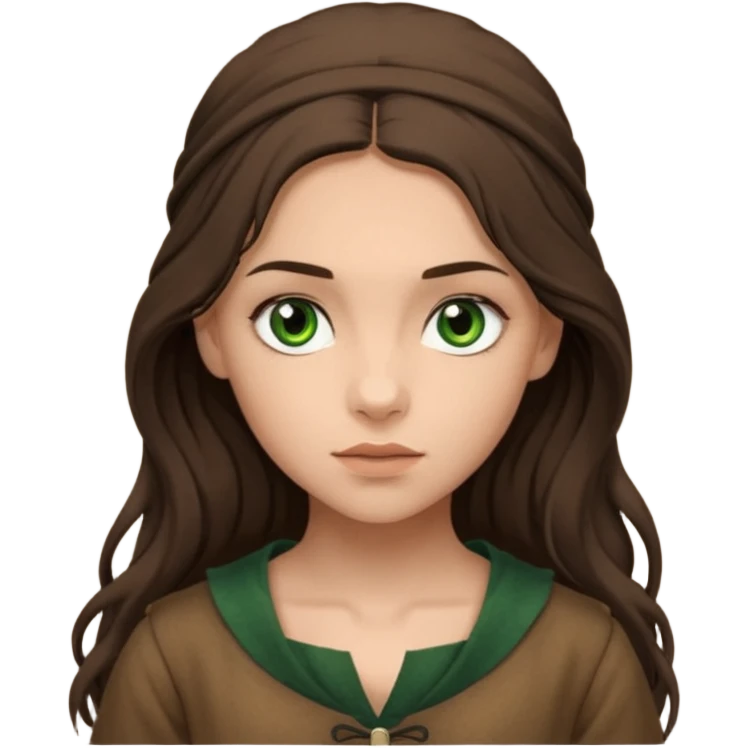 Eponine From Les Miserables with light skin, green eyes, Dark Brown long Hair, brown outfit emoji
