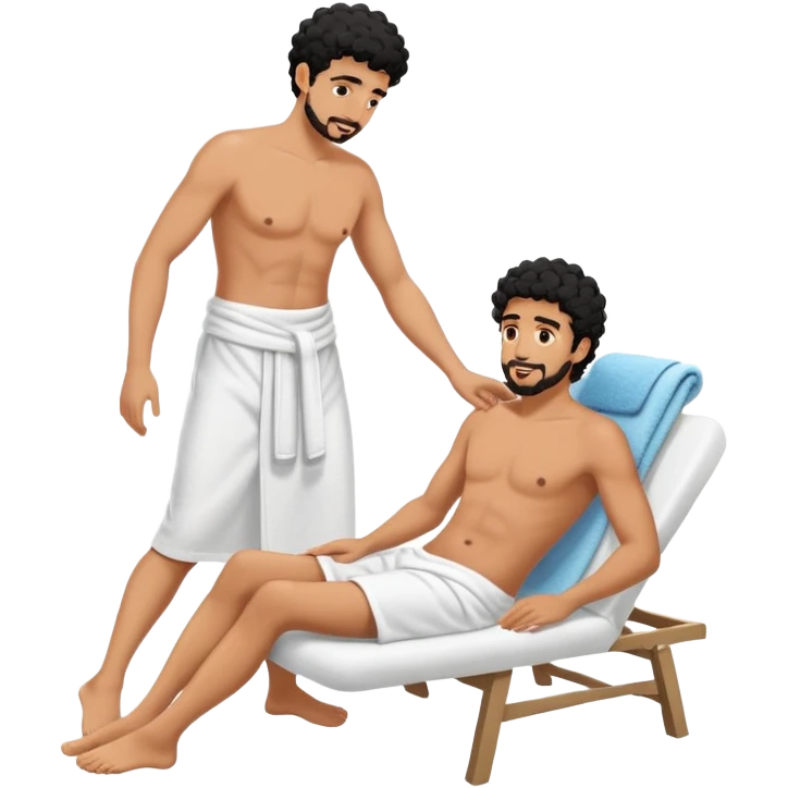 Gebräunter Manm nur mit handtuch um den unterkörper (araber mit schwarzen locken und ziegenbart) bekommt fußmassage von einem anderen mann emoji