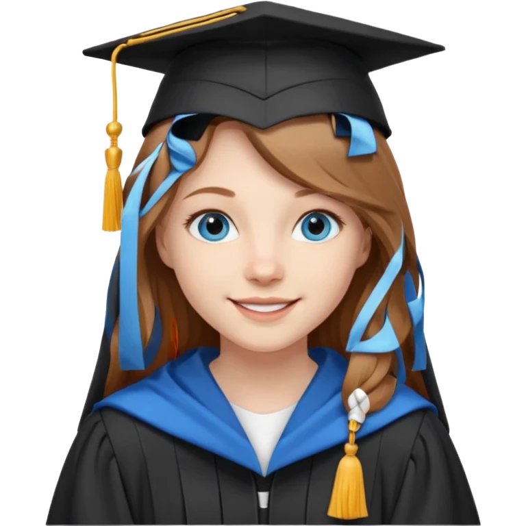light brown haired girl with long hair, blue eyes, pale skin, wearing graduation regalia with white hood, smiling emoji