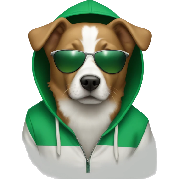 brown and white Dog with sunglasses and a green hoddie emoji