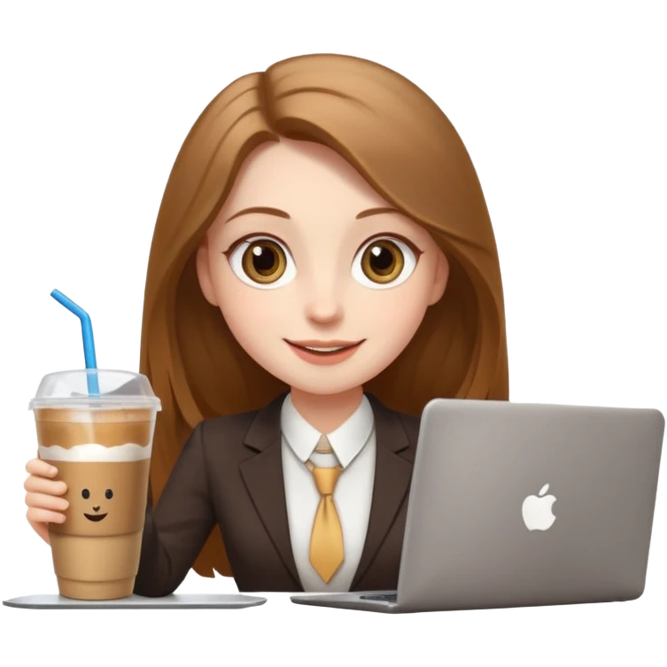 Women in front of laptop with a happy face, face a little fuller, long light brown hair, light brown big eyes, light pale skin with a iced coffee on the side, business attire emoji