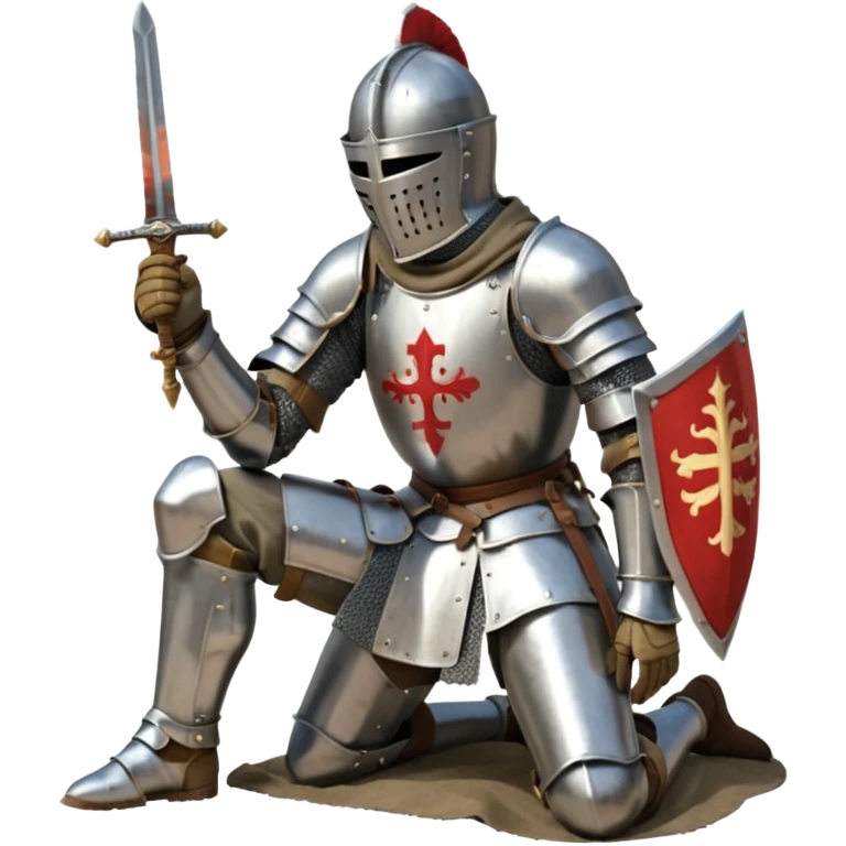 A lone medieval knight in plate, worn armor kneels. His helmet is closed, hiding his face, conveying silence, exhaustion and contemplation. A long sword is planted in the ground beside him, its hilt resting near his gloved hands as if he is praying or resting after battle. emoji