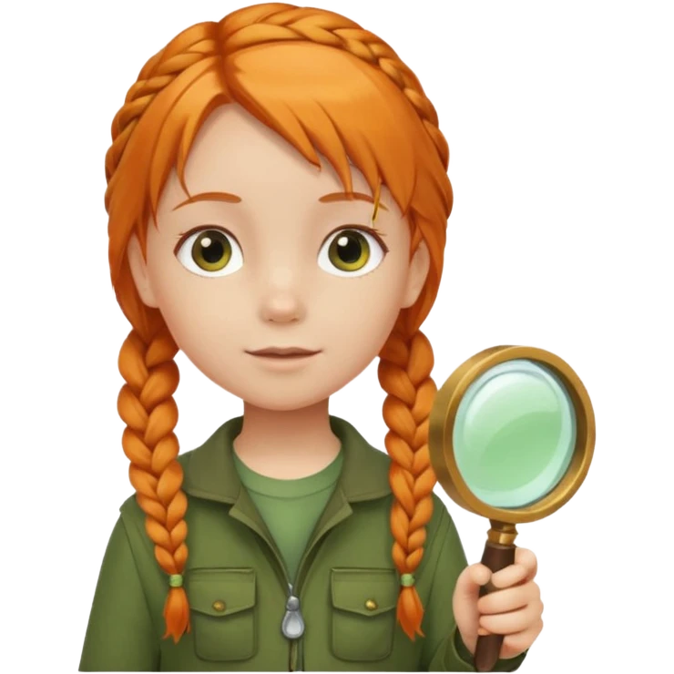 braid orange haired girl kid in moss green explorer outfit, holding magnifying glass emoji