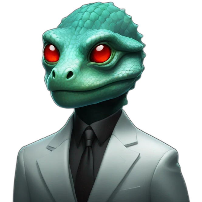 Aquamarine Reptilian with red lasers from the eyes in black suite in a black space emoji