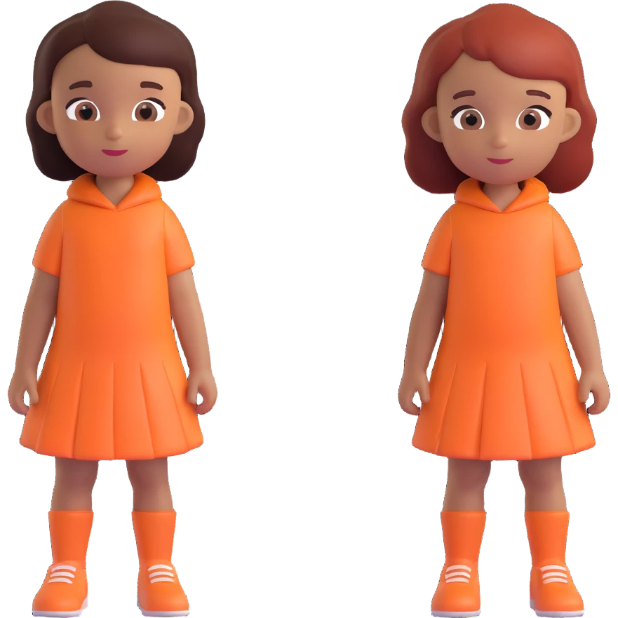 Slightly increase the volume of the upper body of the girl, separate the girl and the boy from each other, and make the skin color the same for both characters. Keep the cartoonish 3D style. emoji
