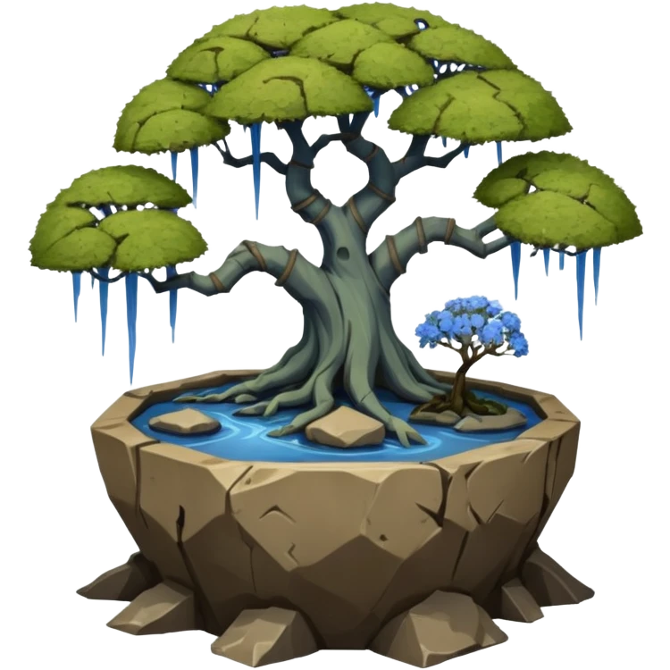 Bare Alien landscape mudman very old broken cracked intricate Stone Age rocky-crusted irregular dodecagon-shaped shallow dark moss rough bark blue weeping willow flowered maple tree bonsai pot emoji