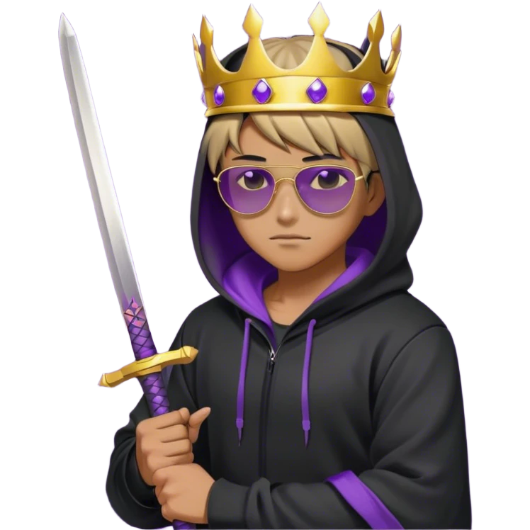 A stylish anime warrior wearing a black hoodie, golden crown, and sunglasses, holding a katana with a glowing purple background. emoji