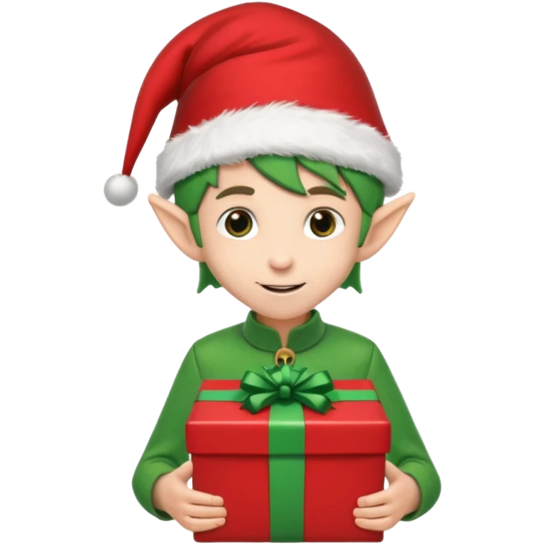 elf wearing a santa hat holidng a xmas present make his unfiorm green adn red emoji