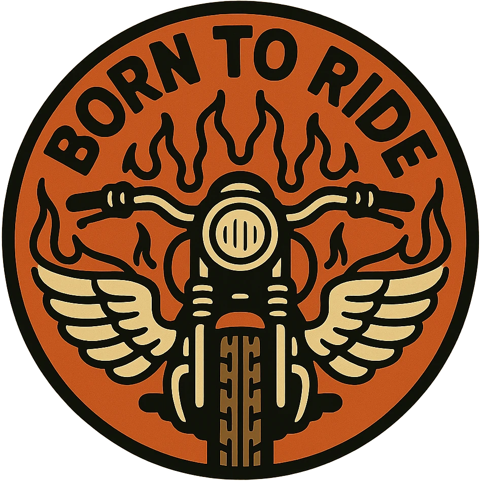 circular design for motorcycle cap, transparent background, text 'Born to Ride' in English, retro style, motorcycle motifs like motorcycle, flame, wings emoji