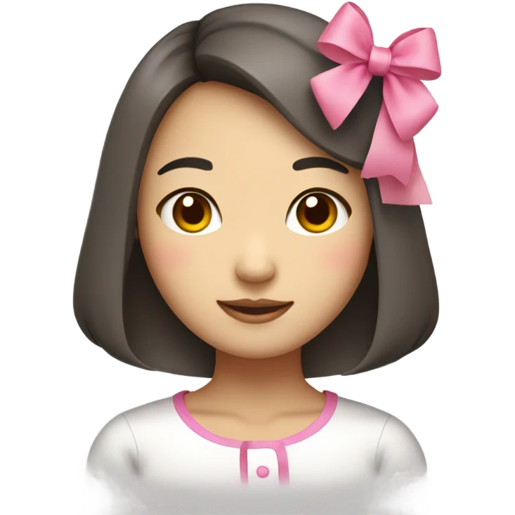 A cute Korean woman emoji with a neat bob haircut and a large pink bow on her head, cheerful expression, minimalistic design. emoji