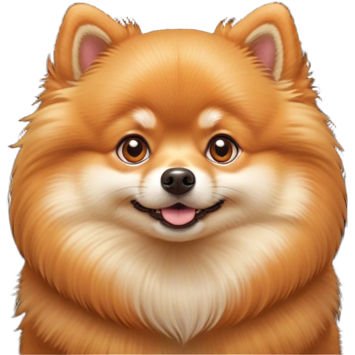 Cinematic Cute Orange Pomeranian Portrait Emoji, Head tilted playfully and inquisitively, featuring a luscious, fluffy orange Fur with a natural sheen, round, sparkling brown eyes filled with curiosity, Simplified yet irresistibly adorable features, highly detailed, glowing with a warm, friendly glow, high shine, affectionate and lively, stylized with a touch of whimsy, bright and endearing, soft glowing outline, capturing the essence of a mischievous yet loving pup, so playful it feels like it could scamper out of the screen and into your arms! emoji