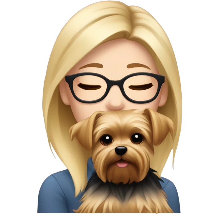 White girl blonde hair eyes closed wearing glasses hugs Yorkshire terrier  emoji