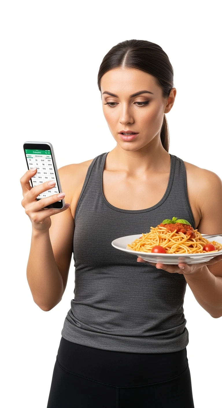 donna fitness che calcola ossessivamente le calorie di quello che sta mangiando: in mano ha un piatto di pasta e nell'altra mano ha lo smartphone per segnare tutti gli alimenti, sfondo bianco emoji