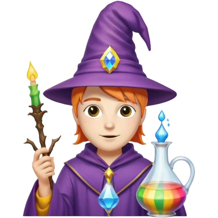 costume, wearing wizard hat custome, with glass vase, rainbow emoji
